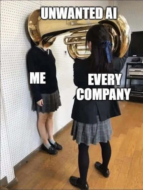 Meme: a person forcing a giant tuba labelled “Unwanted AI” over the head of someone labelled “Me”, while the one forcing it is labelled “Every company”.
